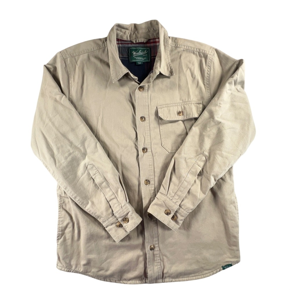 Woolrich Mens Tan Flannel Lined Shirt Jacket Khaki Cotton Twill Plaid M